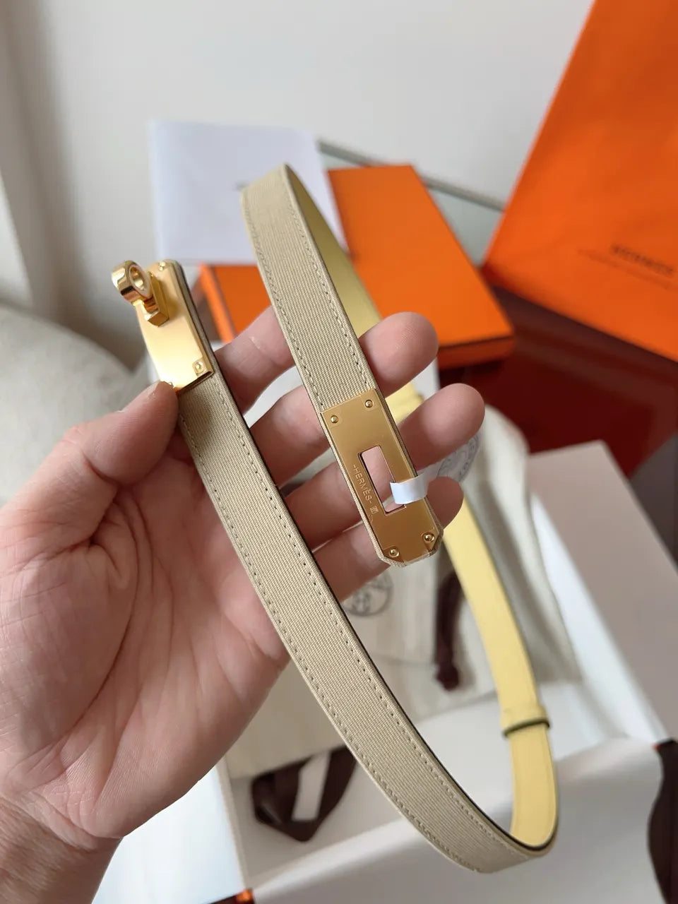 gold Hermes Beige Canvas Belt - Hình 4