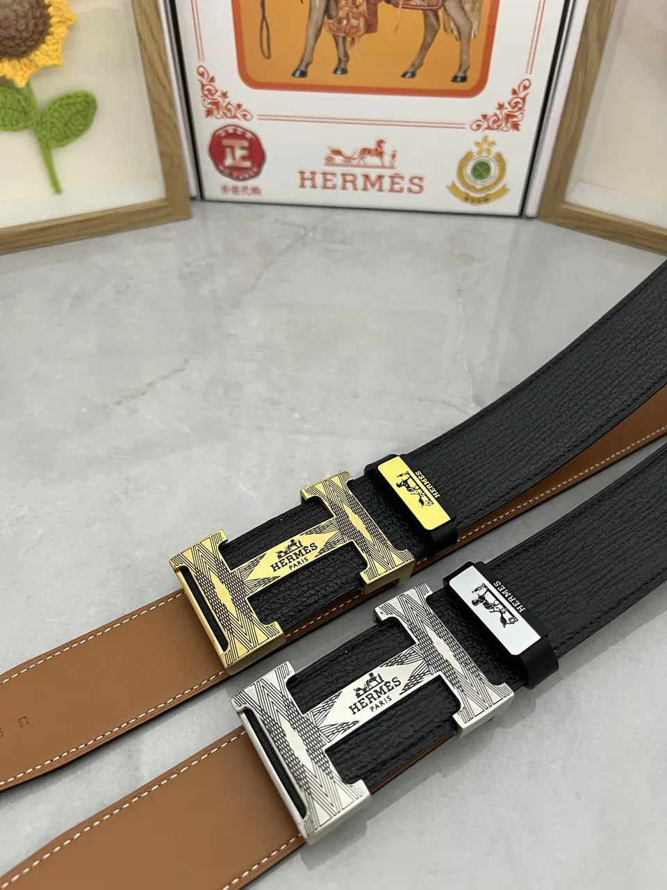 silver buckle Hermes Textured Black Leather Belt - Hình 7