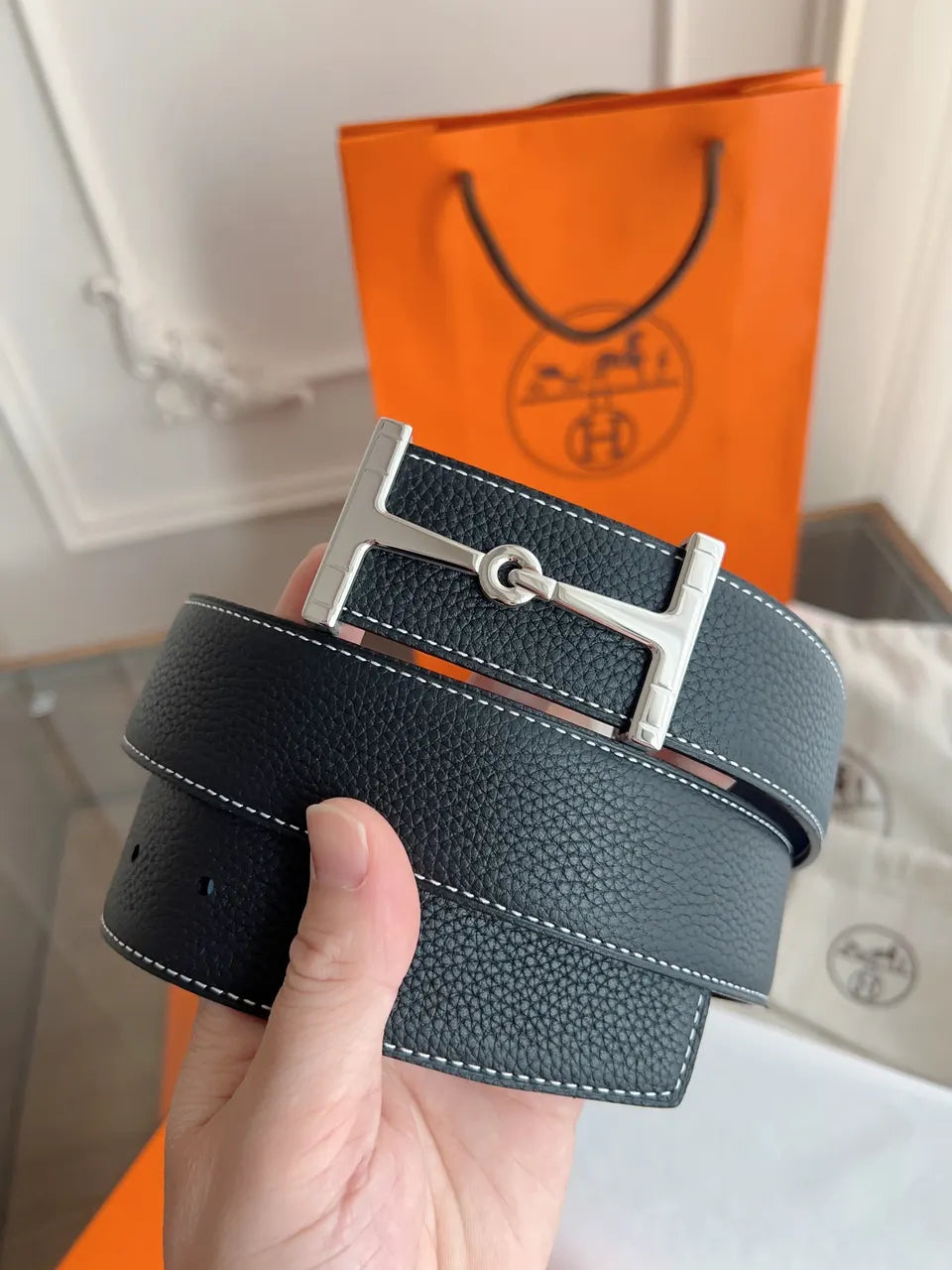 silver Hermes Black Togo Leather Belt