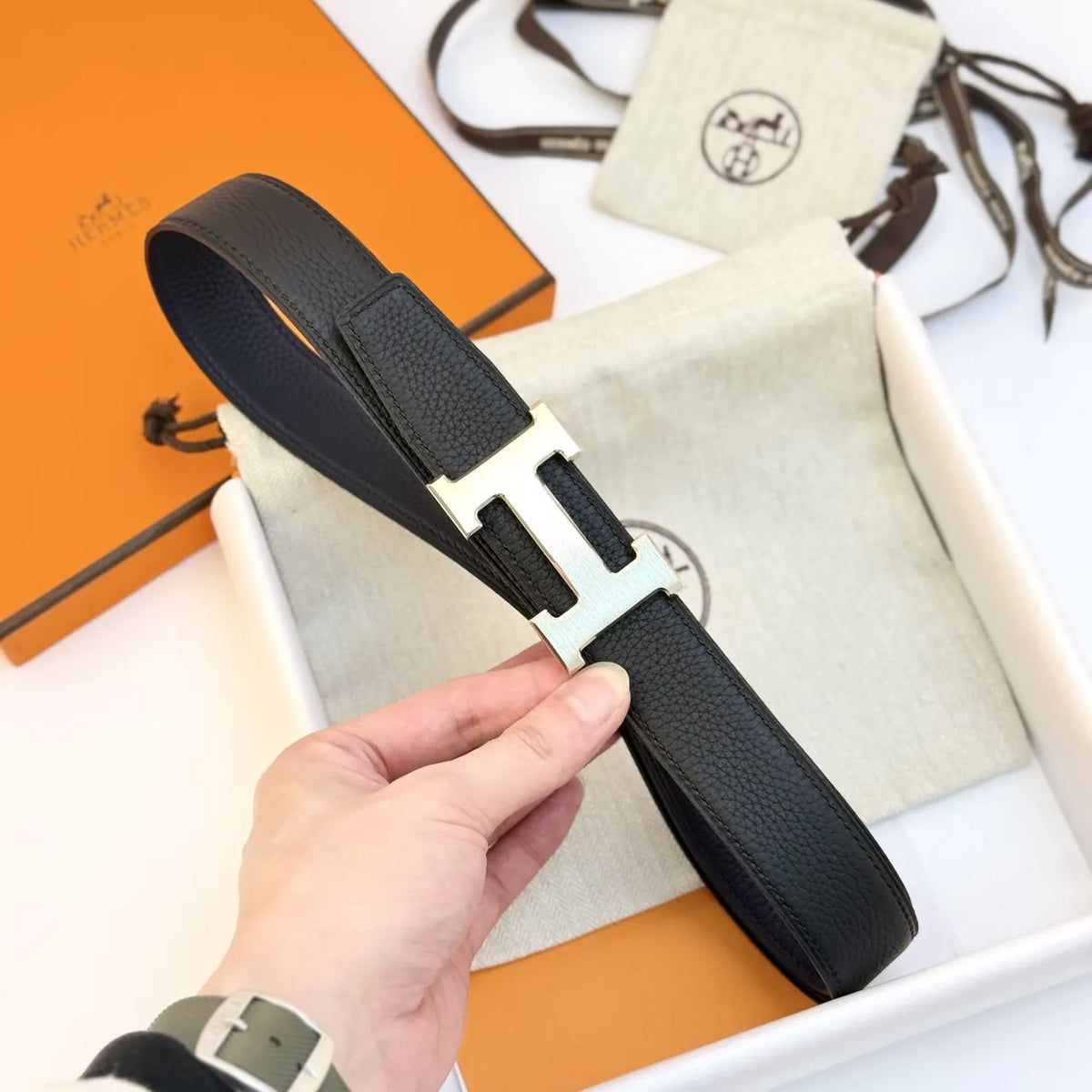 Hermes Black Textured Leather Belt silver buckle - Hình 3