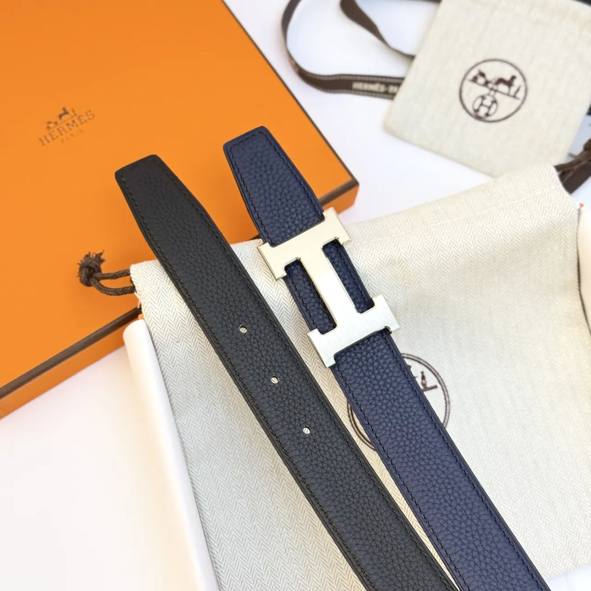 Hermes Black Textured Leather Belt silver buckle - Hình 5