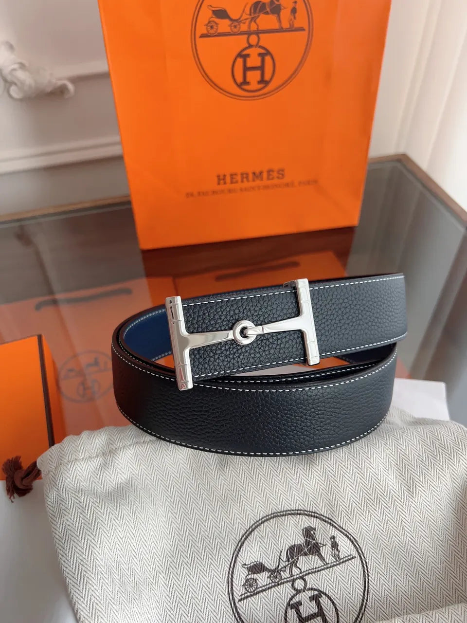 silver Hermes Black Togo Leather Belt - Hình 2