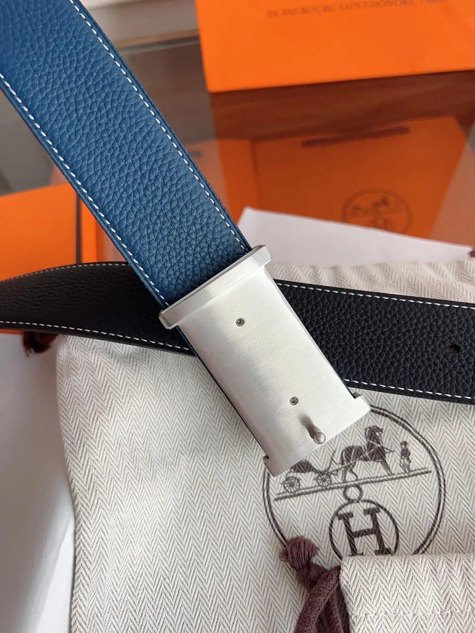 silver Hermes Black Togo Leather Belt - Hình 4