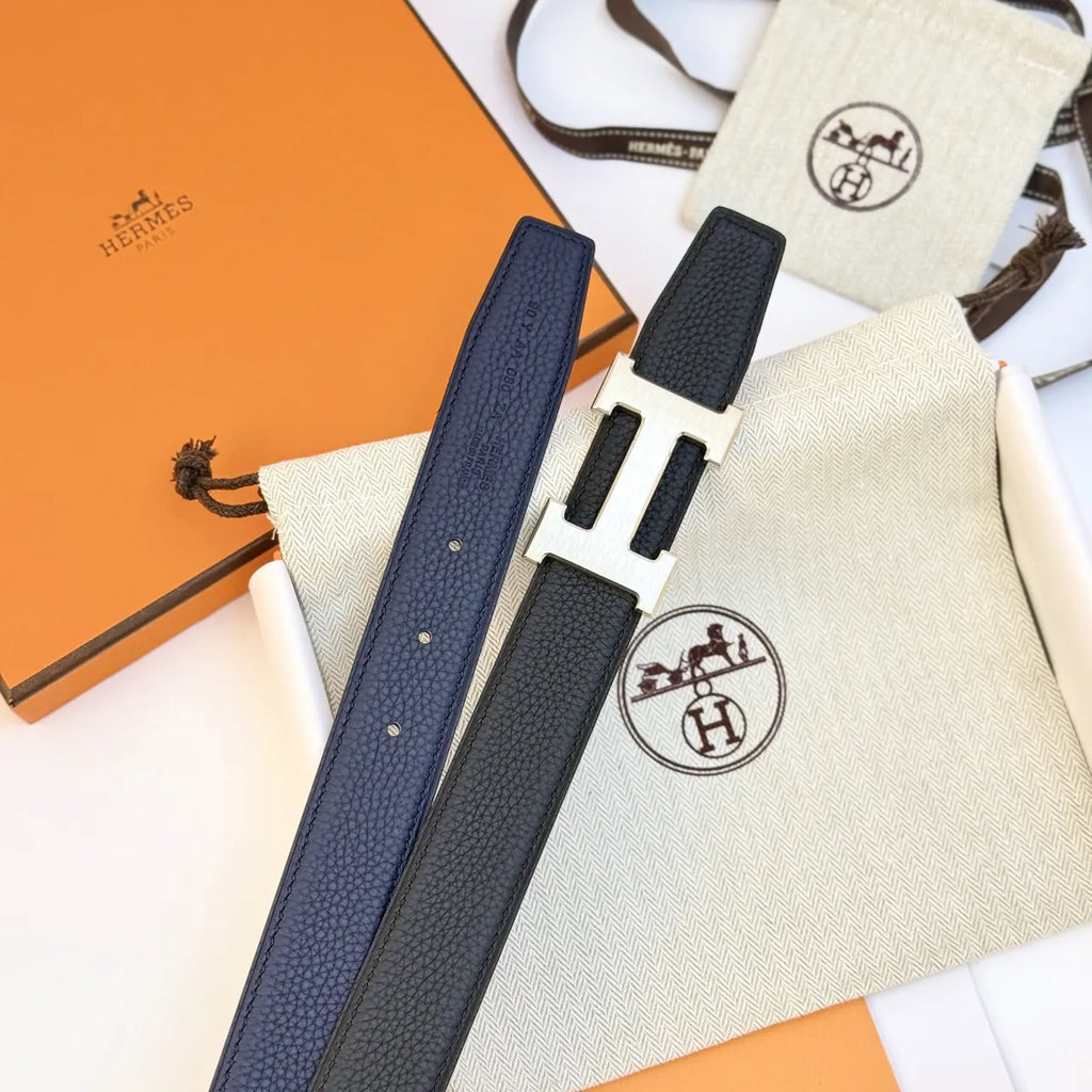 Hermes Black Textured Leather Belt silver buckle - Hình 4