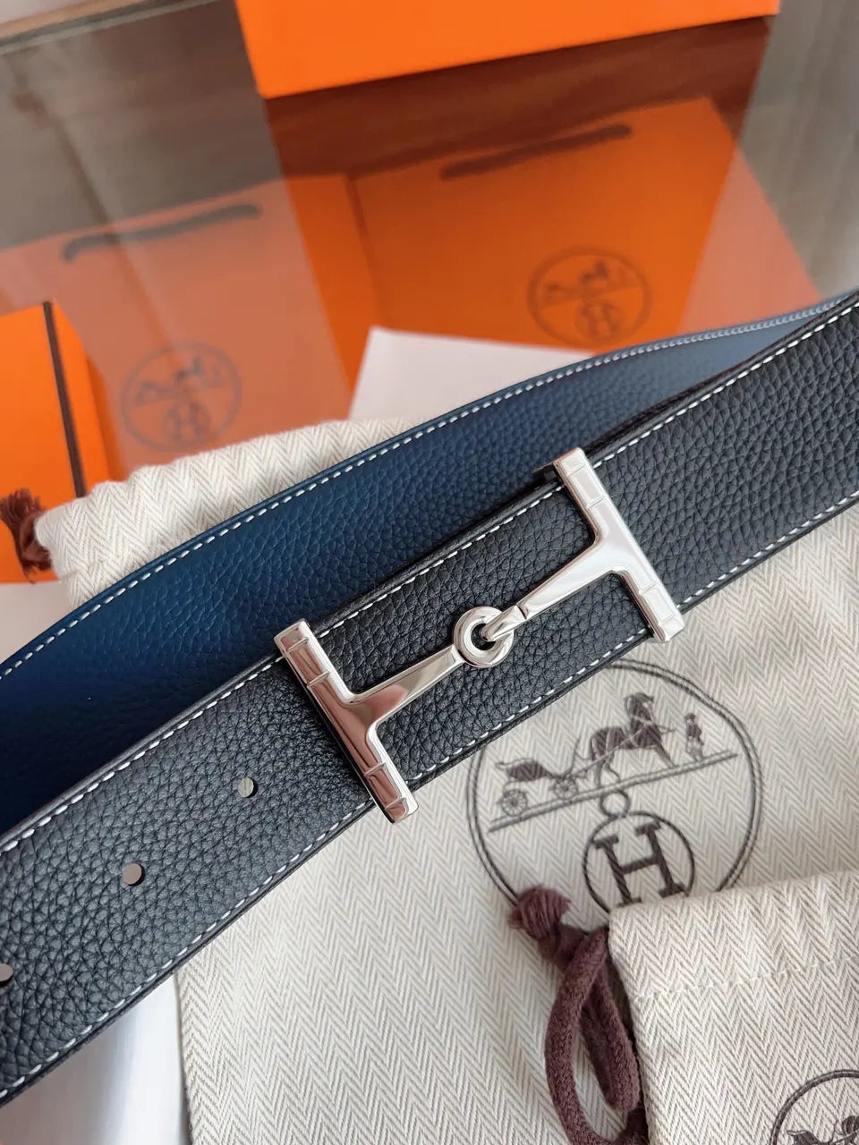silver Hermes Black Togo Leather Belt - Hình 3
