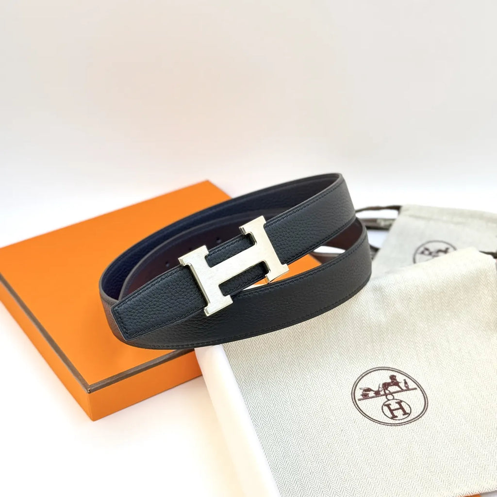 Hermes Black Textured Leather Belt silver buckle - Hình 2