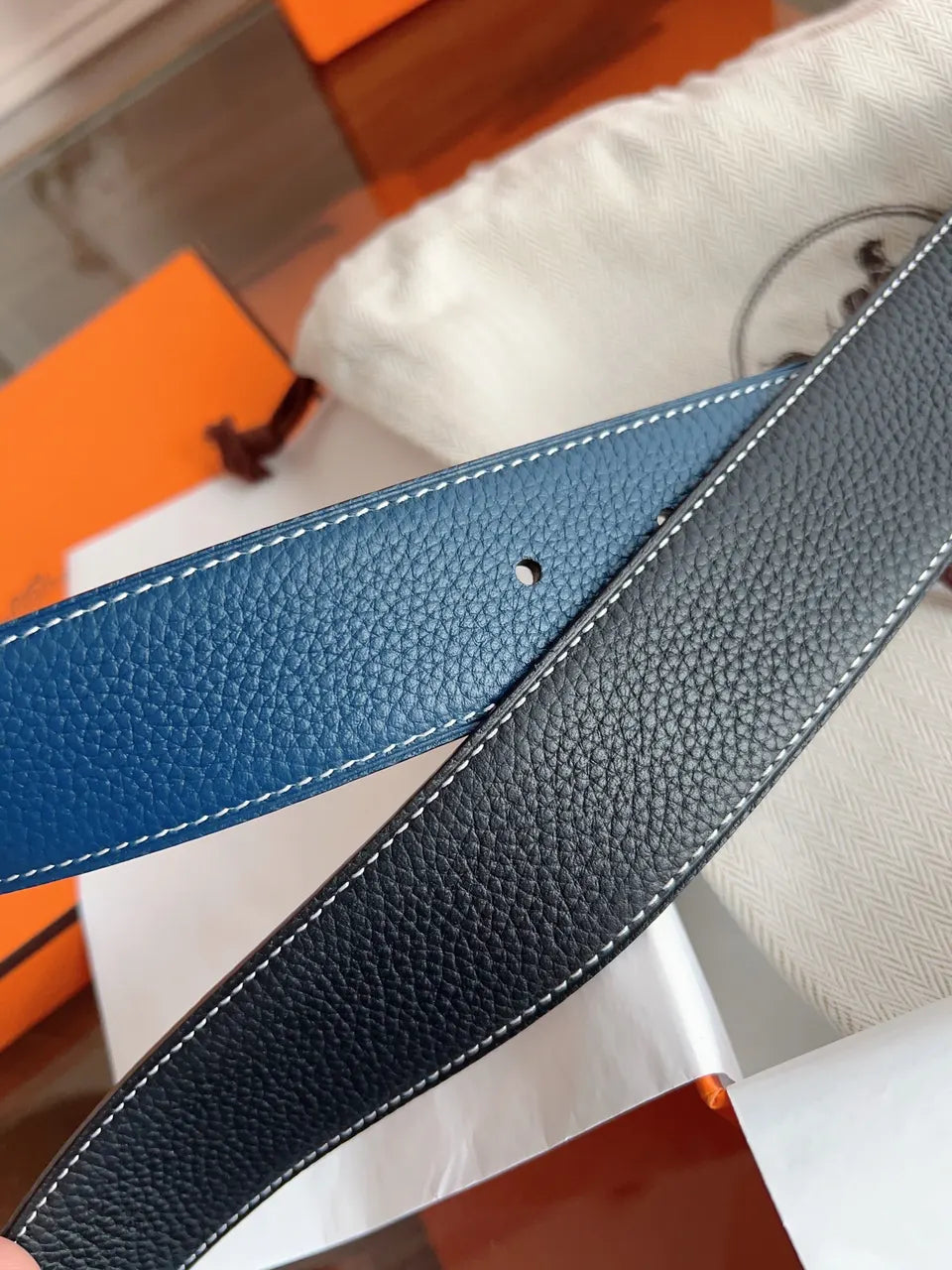 silver Hermes Black Togo Leather Belt - Hình 7
