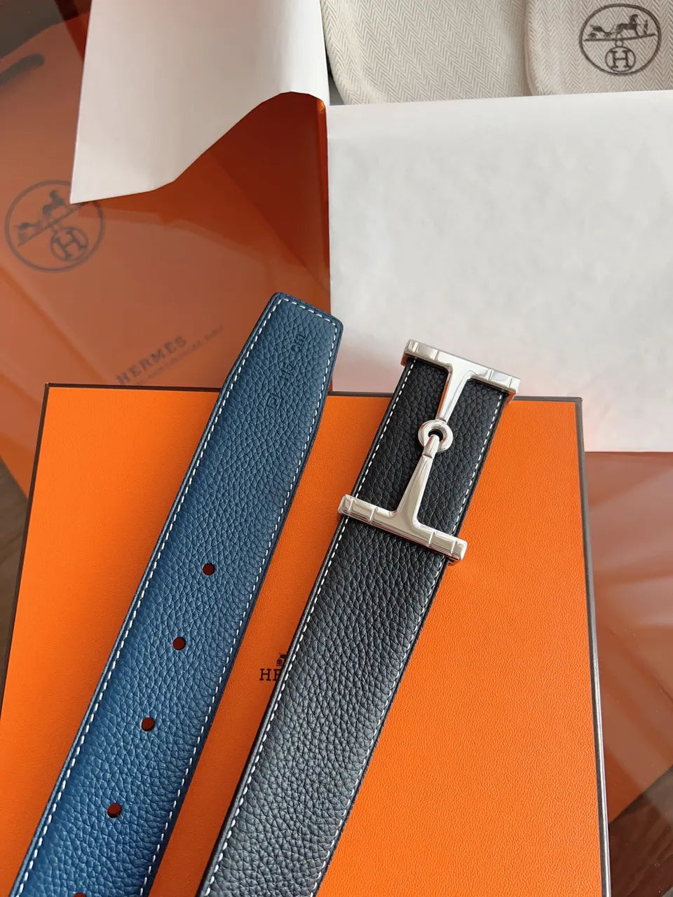 silver Hermes Black Togo Leather Belt - Hình 6