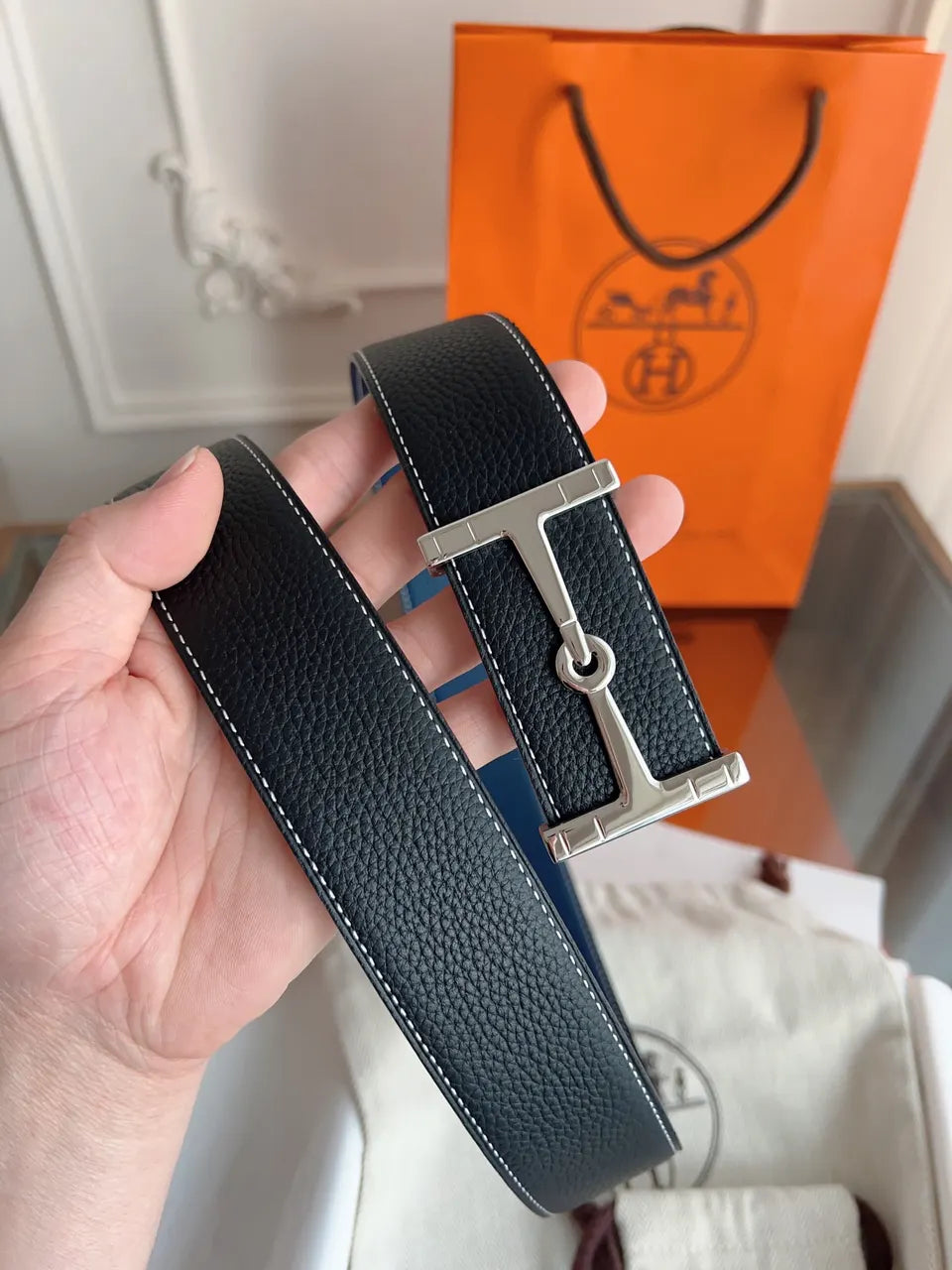 silver Hermes Black Togo Leather Belt - Hình 8