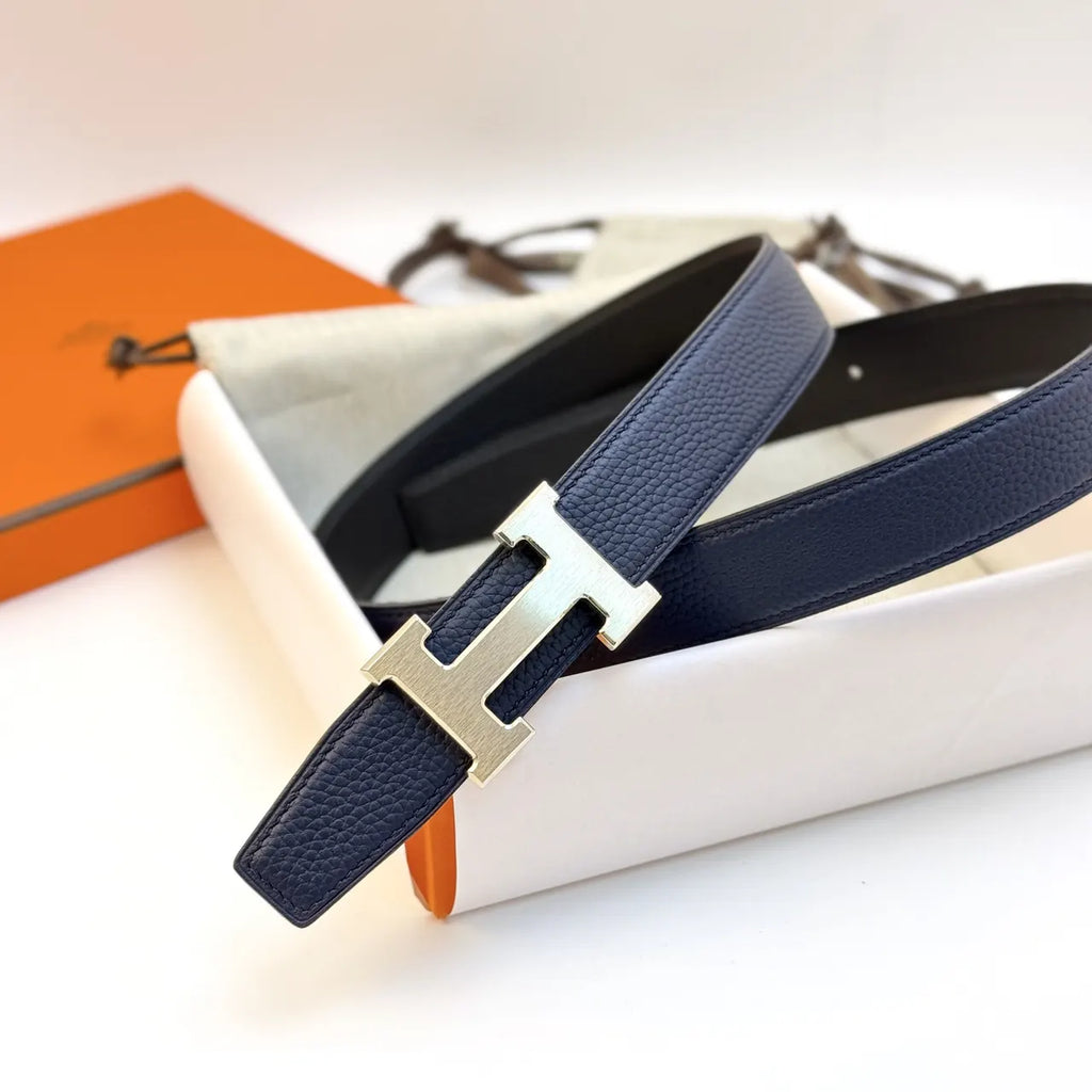 Hermes Black Textured Leather Belt silver buckle - Hình 6