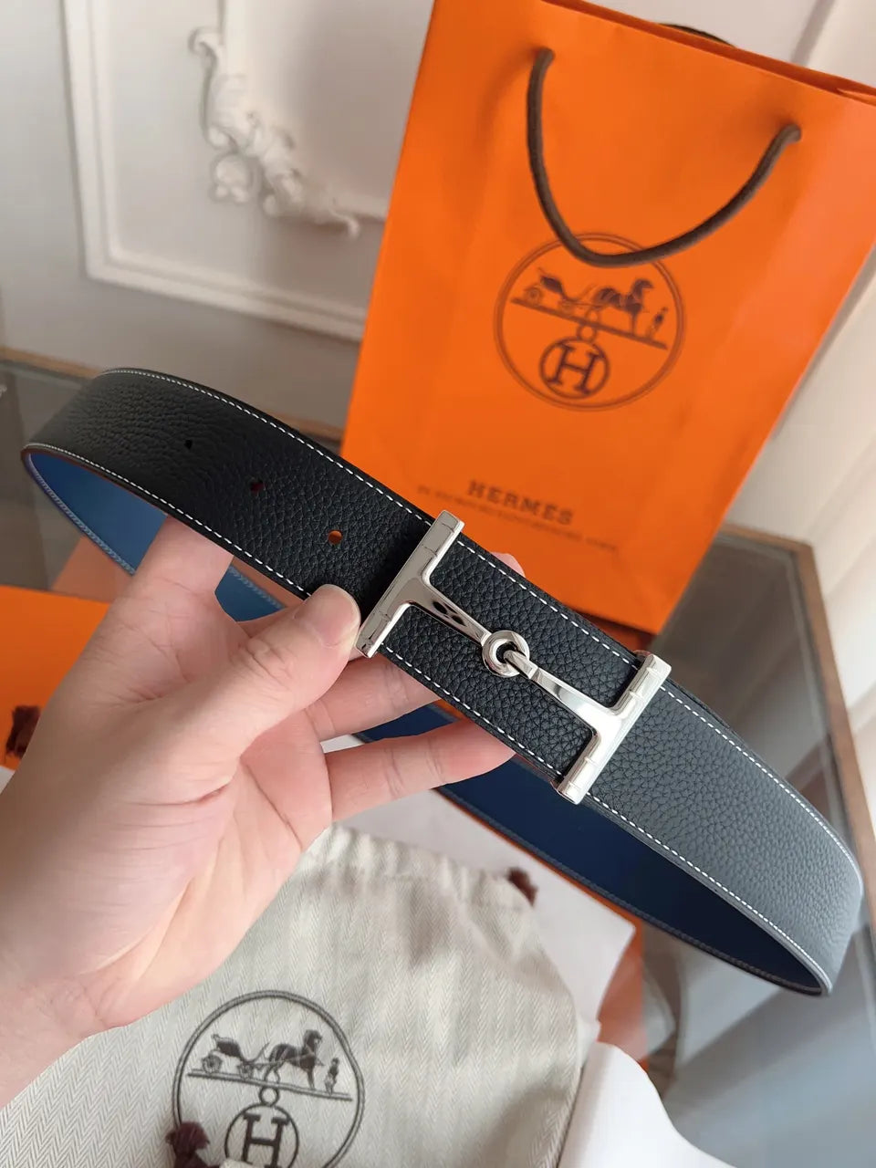 silver Hermes Black Togo Leather Belt - Hình 5