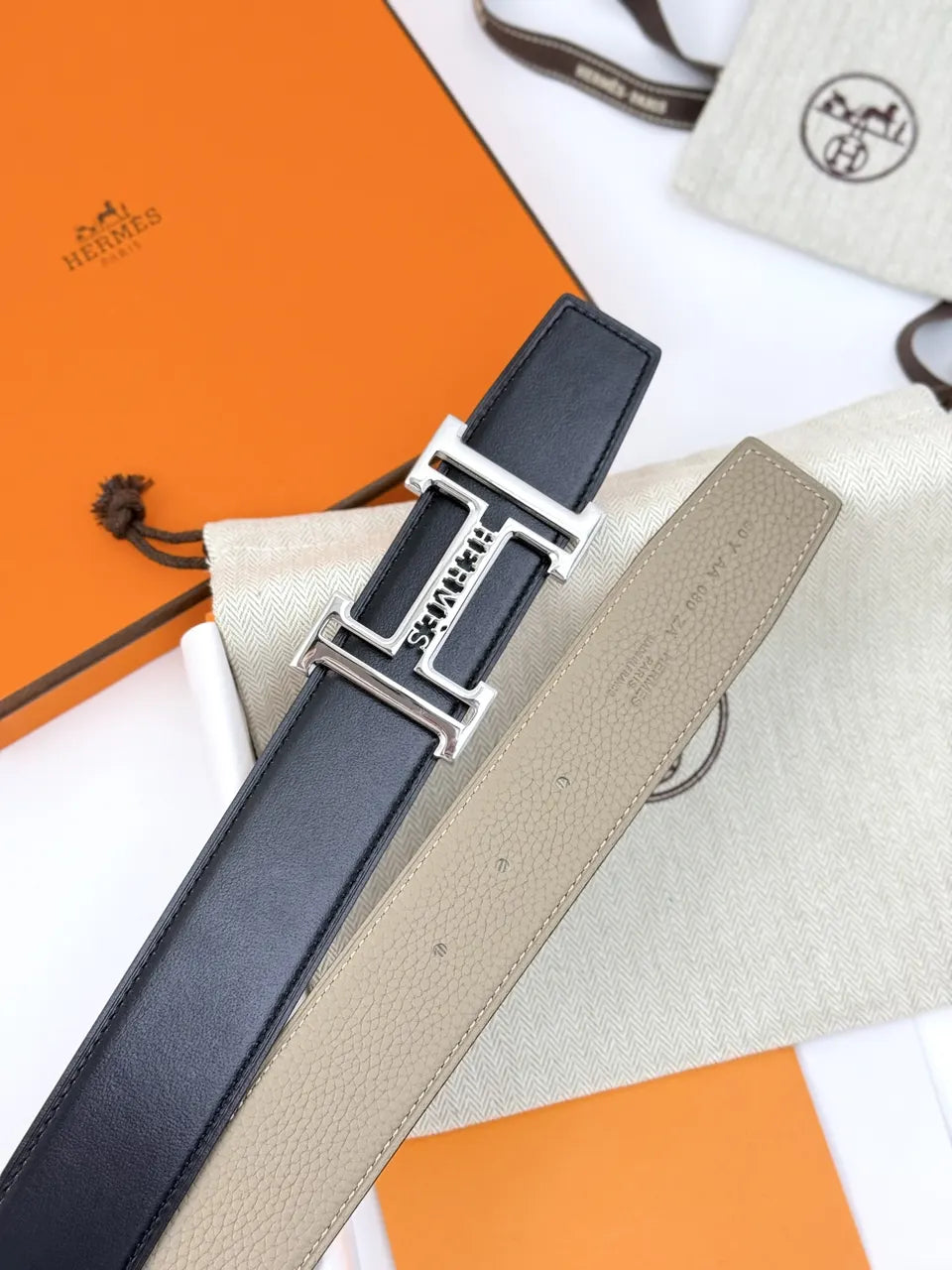 silver Hermes Dove Gray Leather Belt - Hình 6