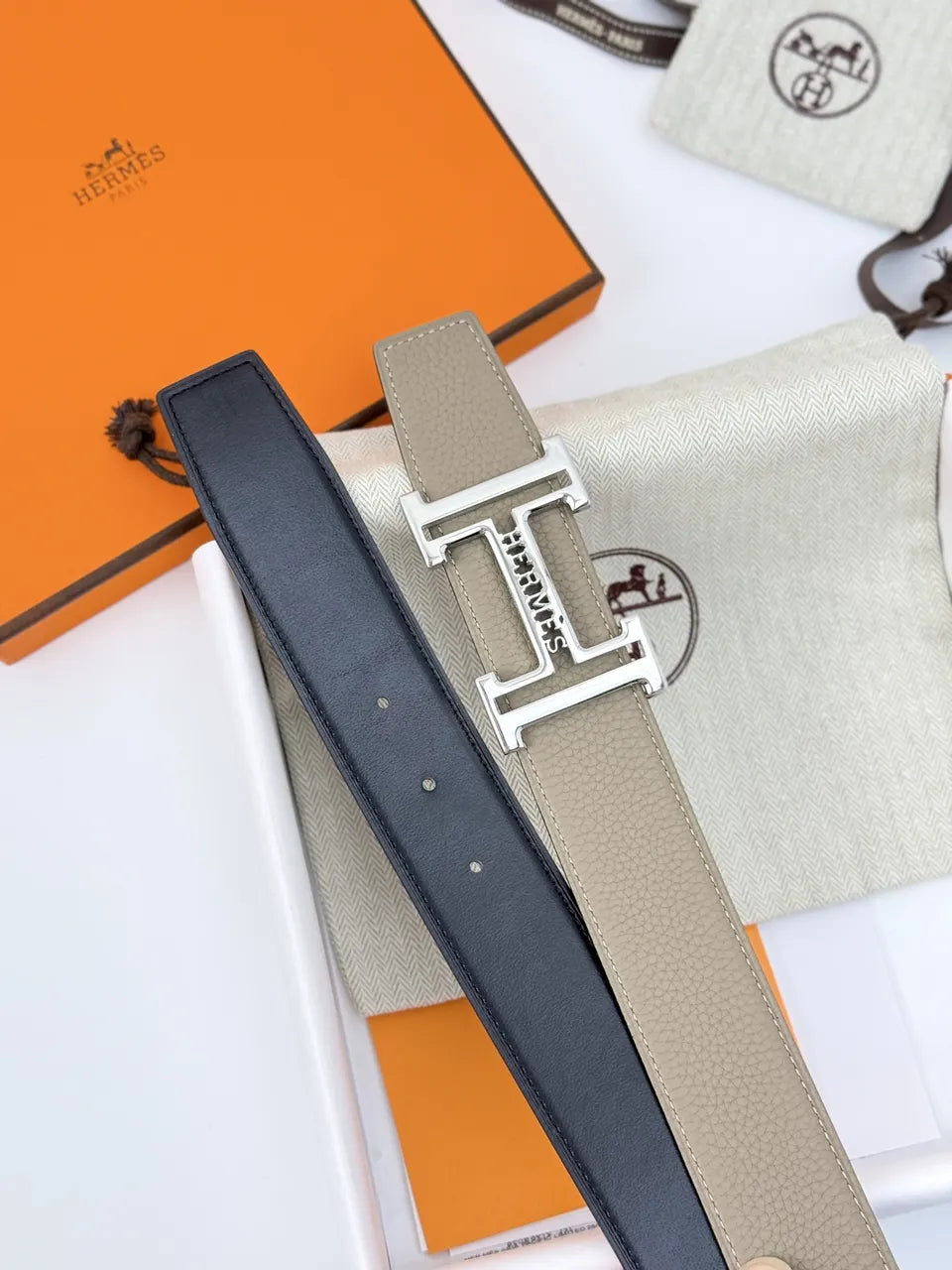 silver Hermes Dove Gray Leather Belt - Hình 5