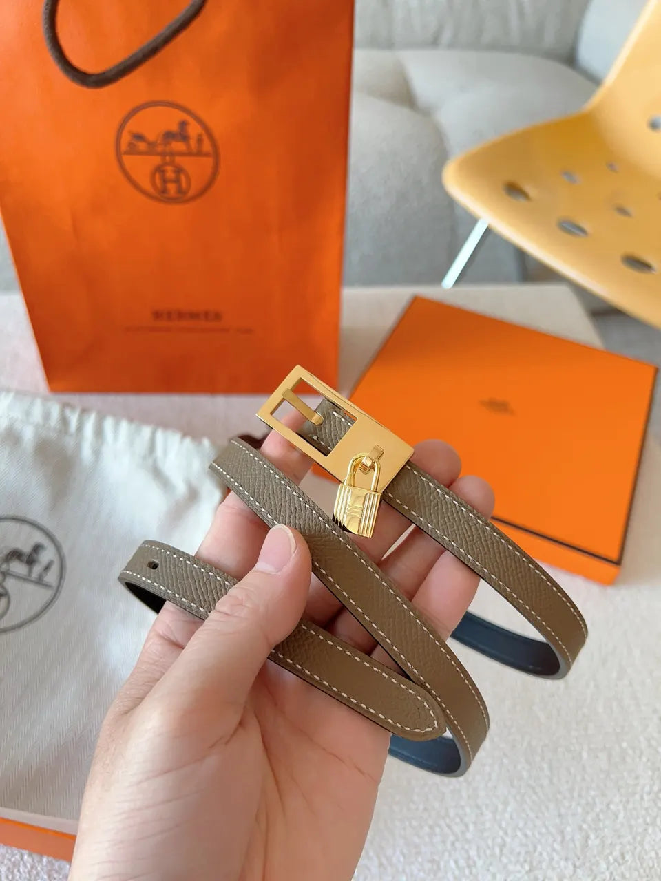 gold Hermes Khaki Leather Belt