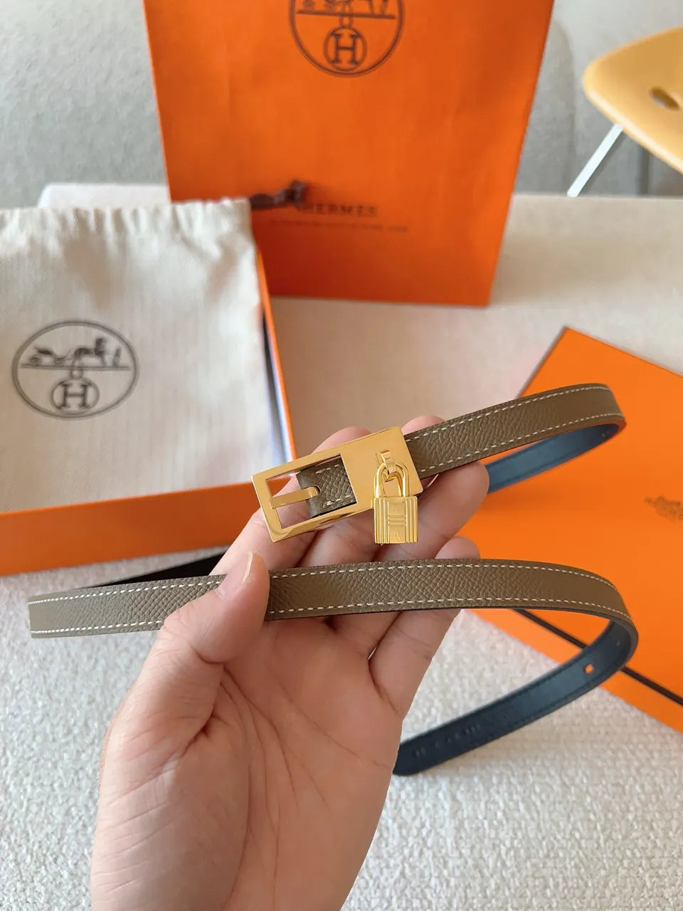gold Hermes Khaki Leather Belt - Hình 2