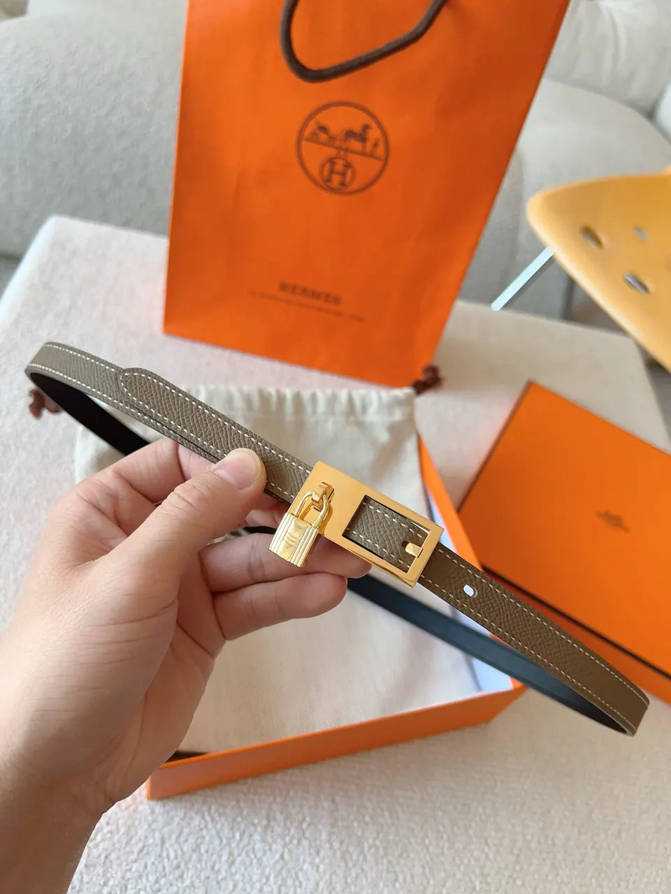 gold Hermes Khaki Leather Belt - Hình 3