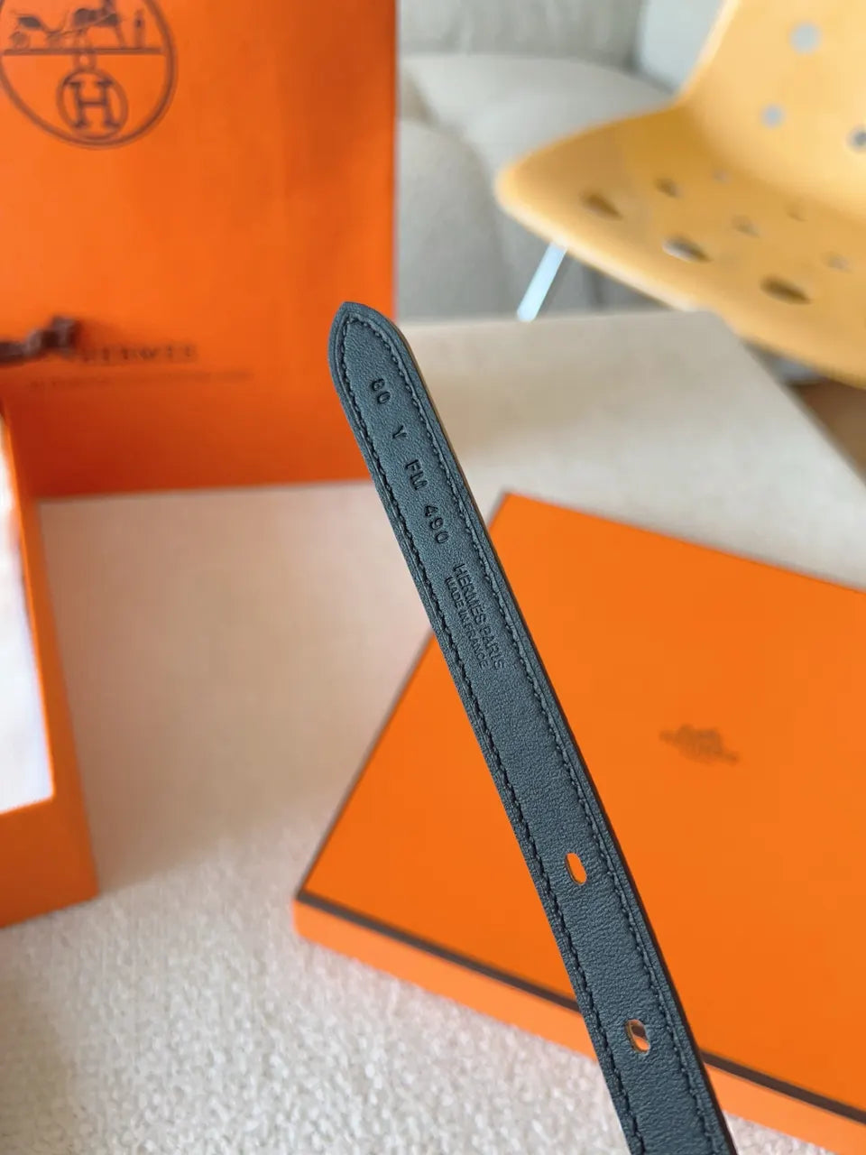 gold Hermes Khaki Leather Belt - Hình 6