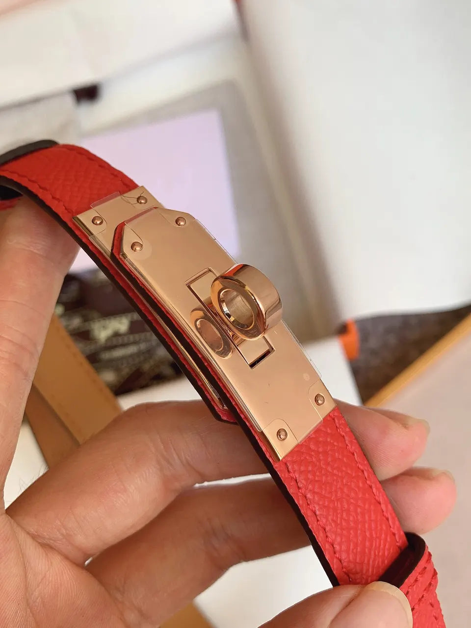 Hermes Red Epsom Bracelet Gold - Hình 3