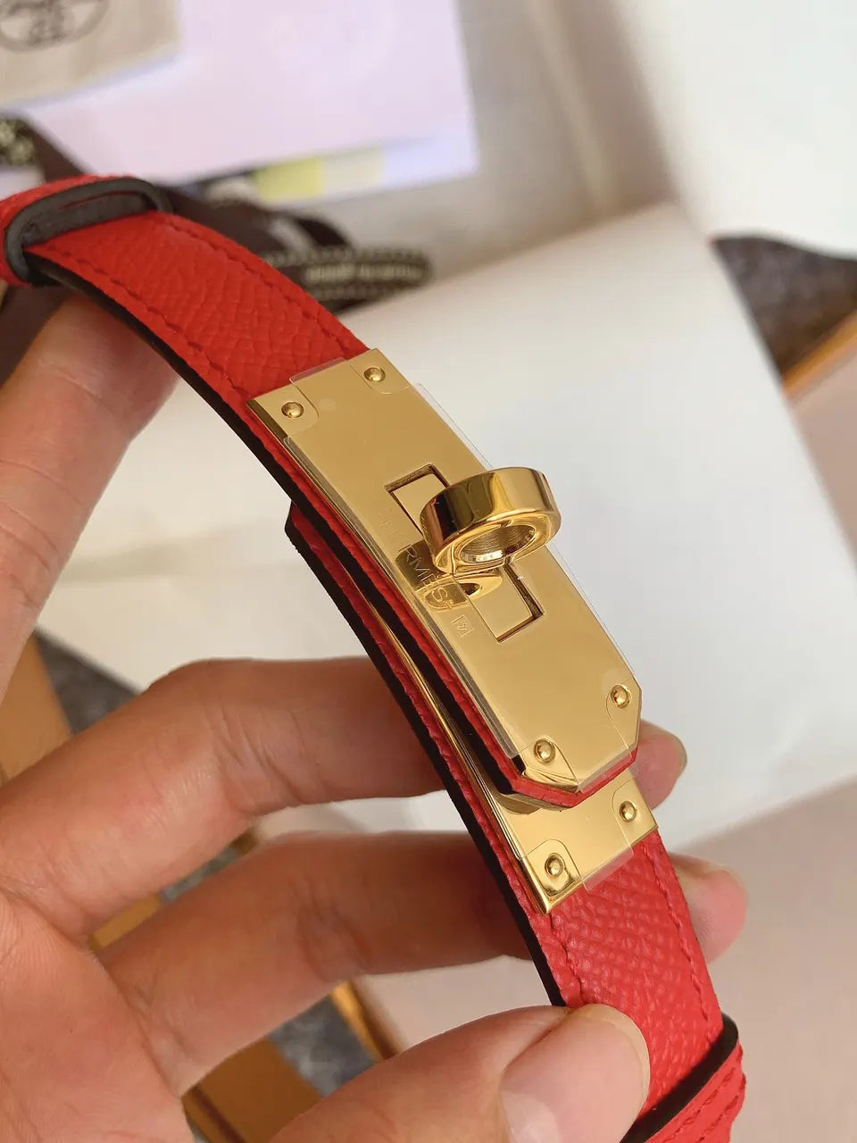 Hermes Red Epsom Bracelet Gold
