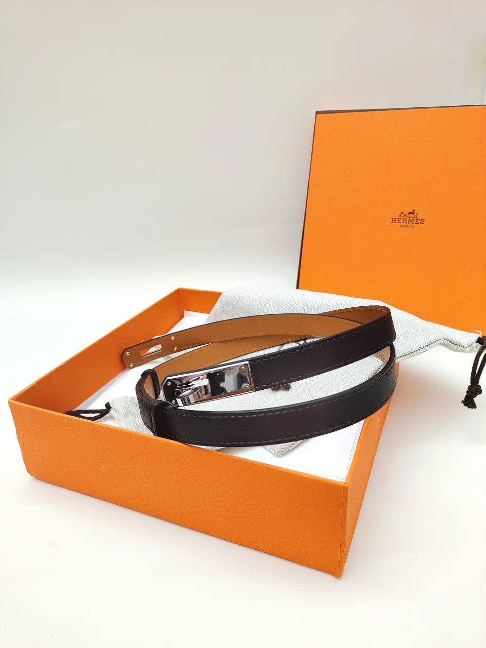 Hermes Chocolate Brown Leather Belt silver - Hình 2