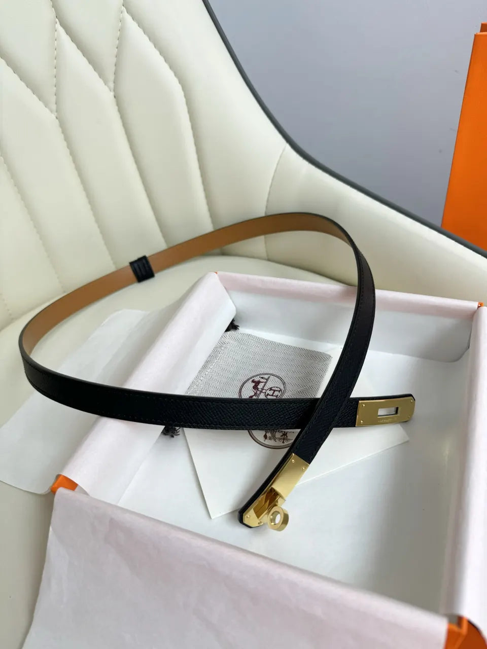 gold kelly Hermes Black Grained Leather Belt - Hình 3