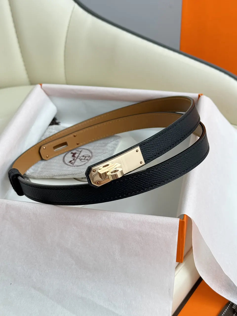 Hermes Noir Kelly Leather Belt - Hình 2