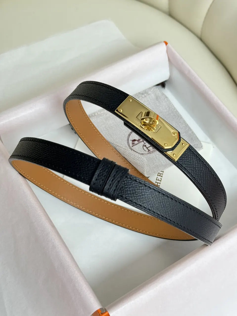 gold kelly Hermes Black Grained Leather Belt - Hình 4