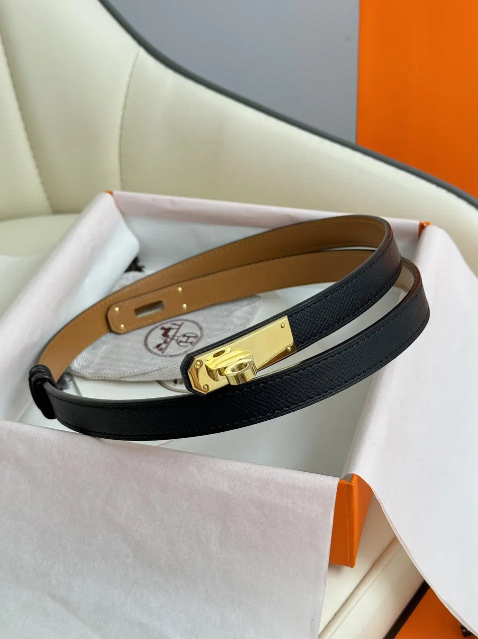 gold kelly Hermes Black Grained Leather Belt - Hình 2