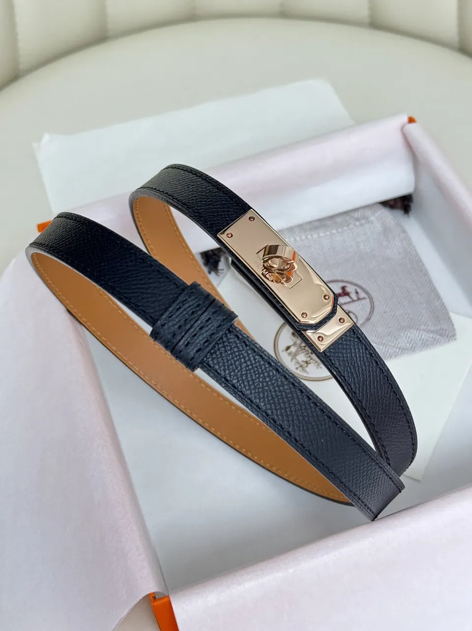 Hermes Noir Kelly Leather Belt - Hình 3