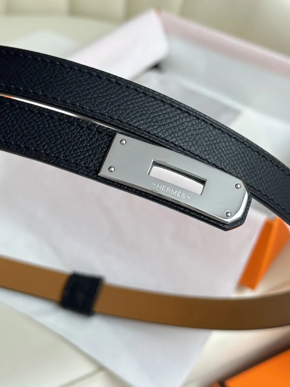 silver Hermes Black Grained Leather Belt - Hình 6