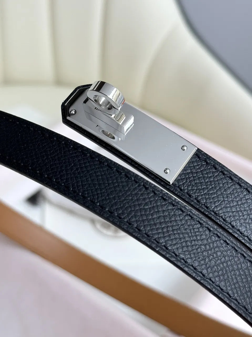 silver Hermes Black Grained Leather Belt - Hình 7