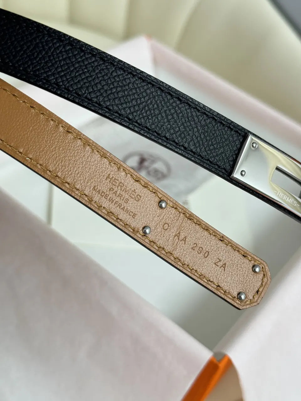 silver Hermes Black Grained Leather Belt - Hình 5