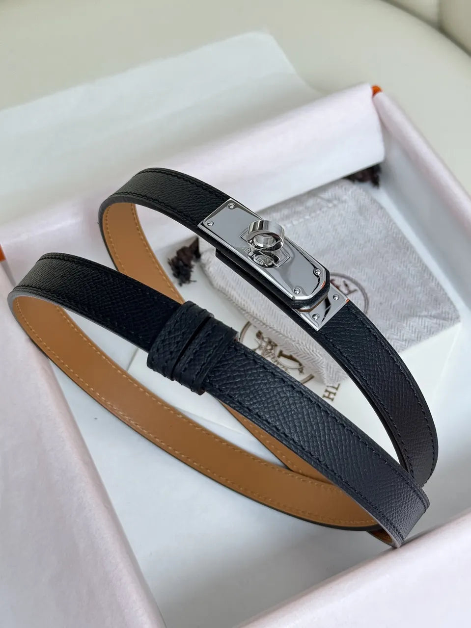 silver Hermes Black Grained Leather Belt - Hình 4