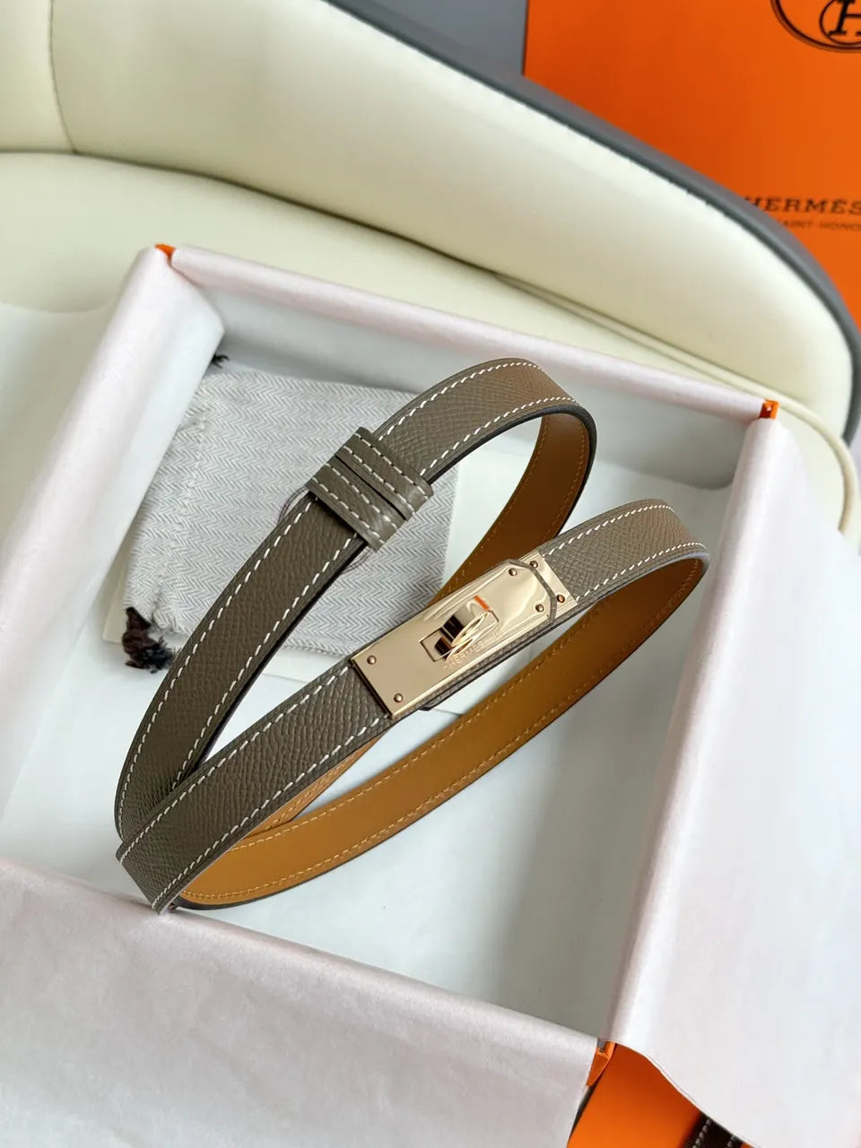 Hermes Khaki Leather Kelly Belt - Hình 4
