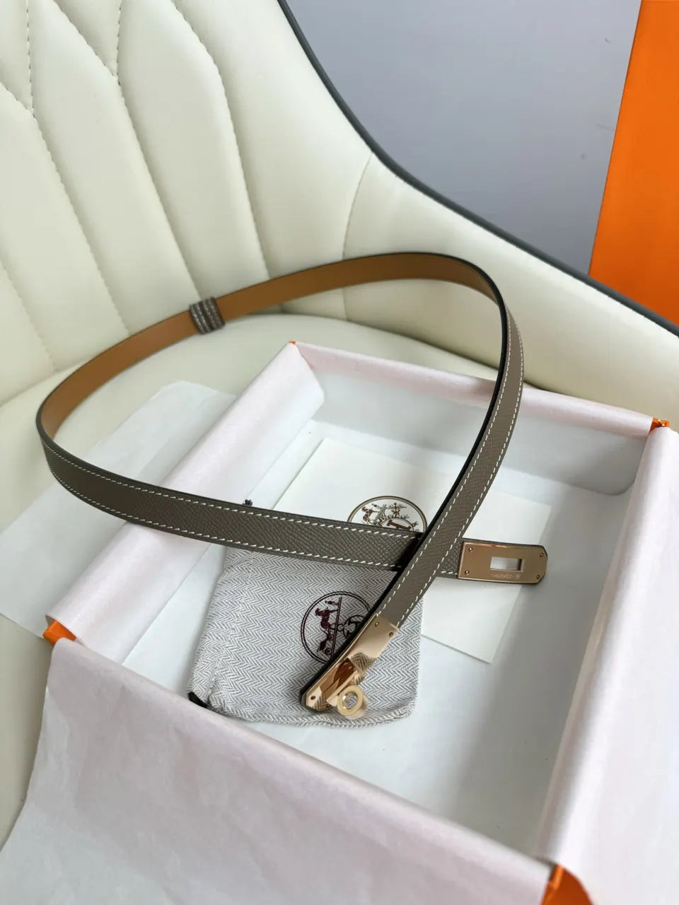 Hermes Khaki Leather Kelly Belt - Hình 3
