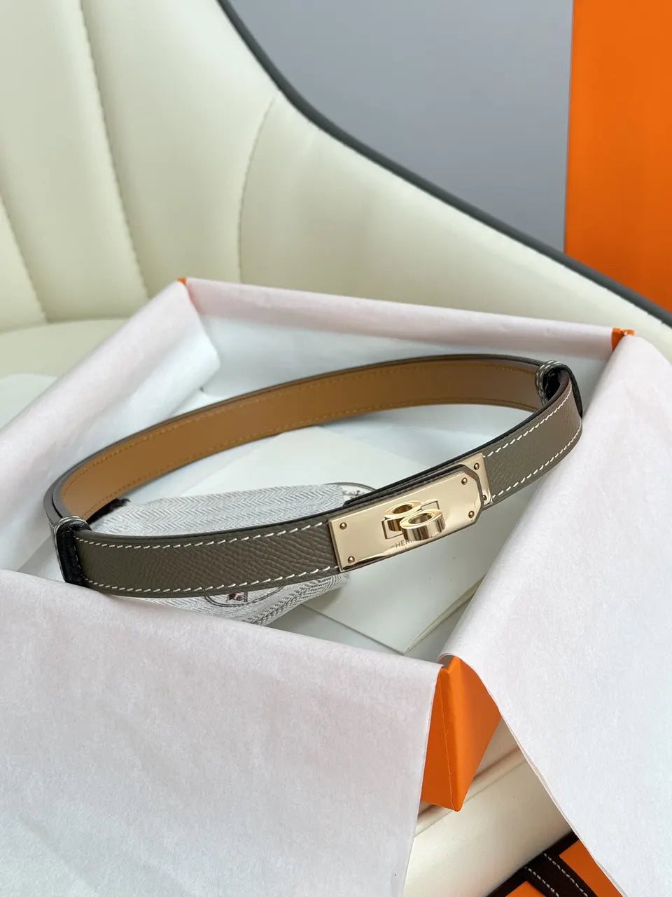Hermes Khaki Leather Kelly Belt - Hình 2