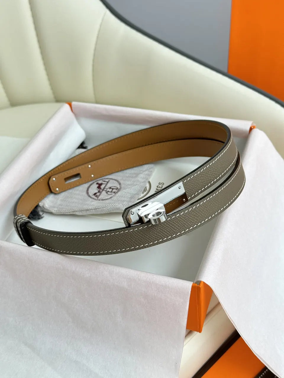 silver Hermes Taupe Leather Bracelet - Hình 2