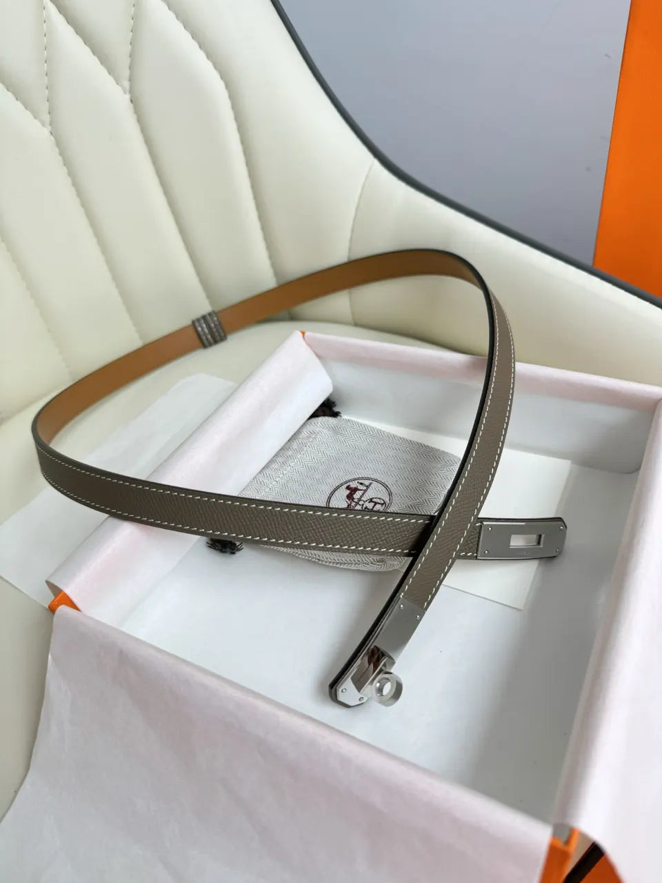 silver Hermes Taupe Leather Bracelet - Hình 3
