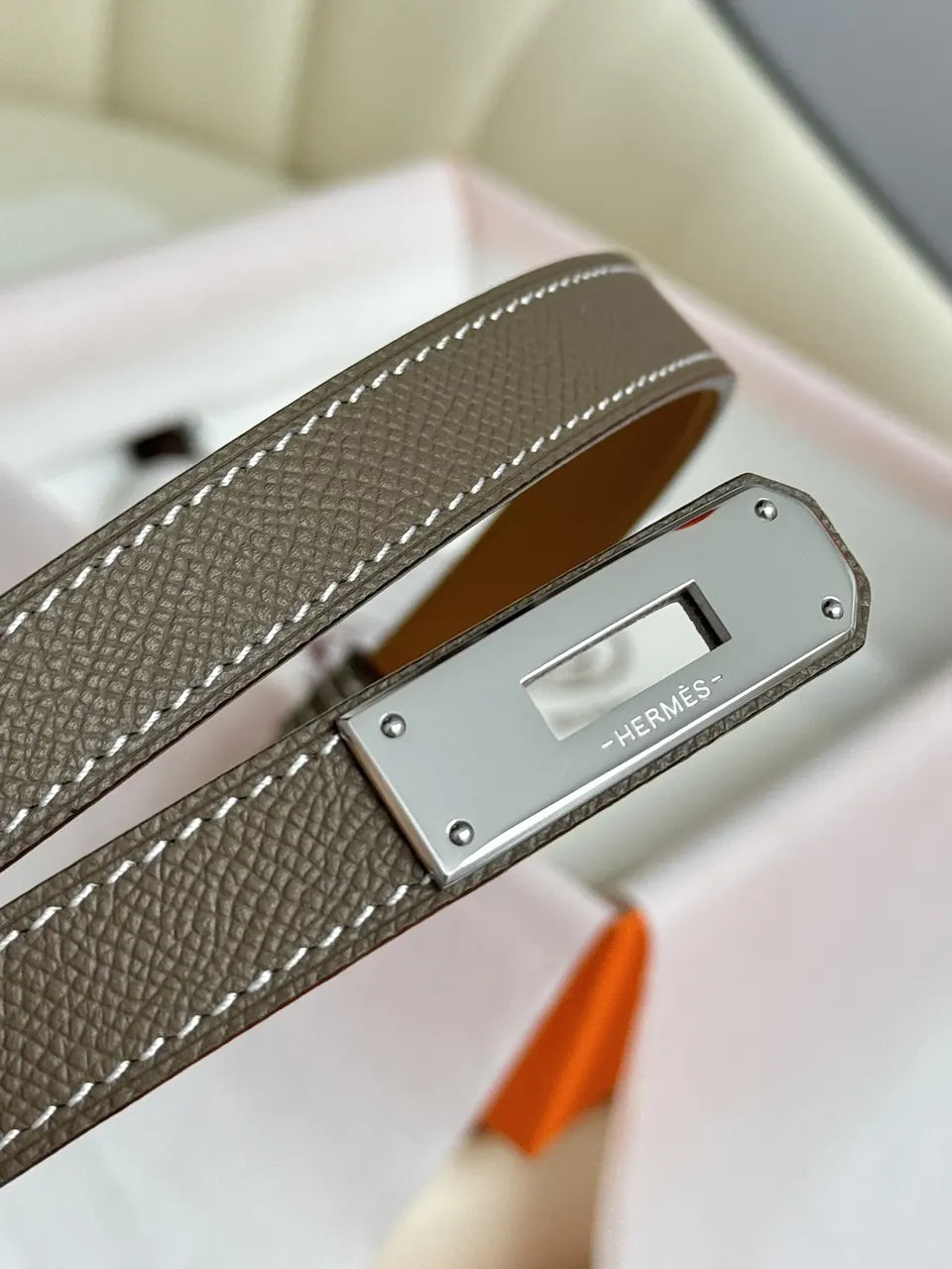 silver Hermes Taupe Leather Bracelet - Hình 7