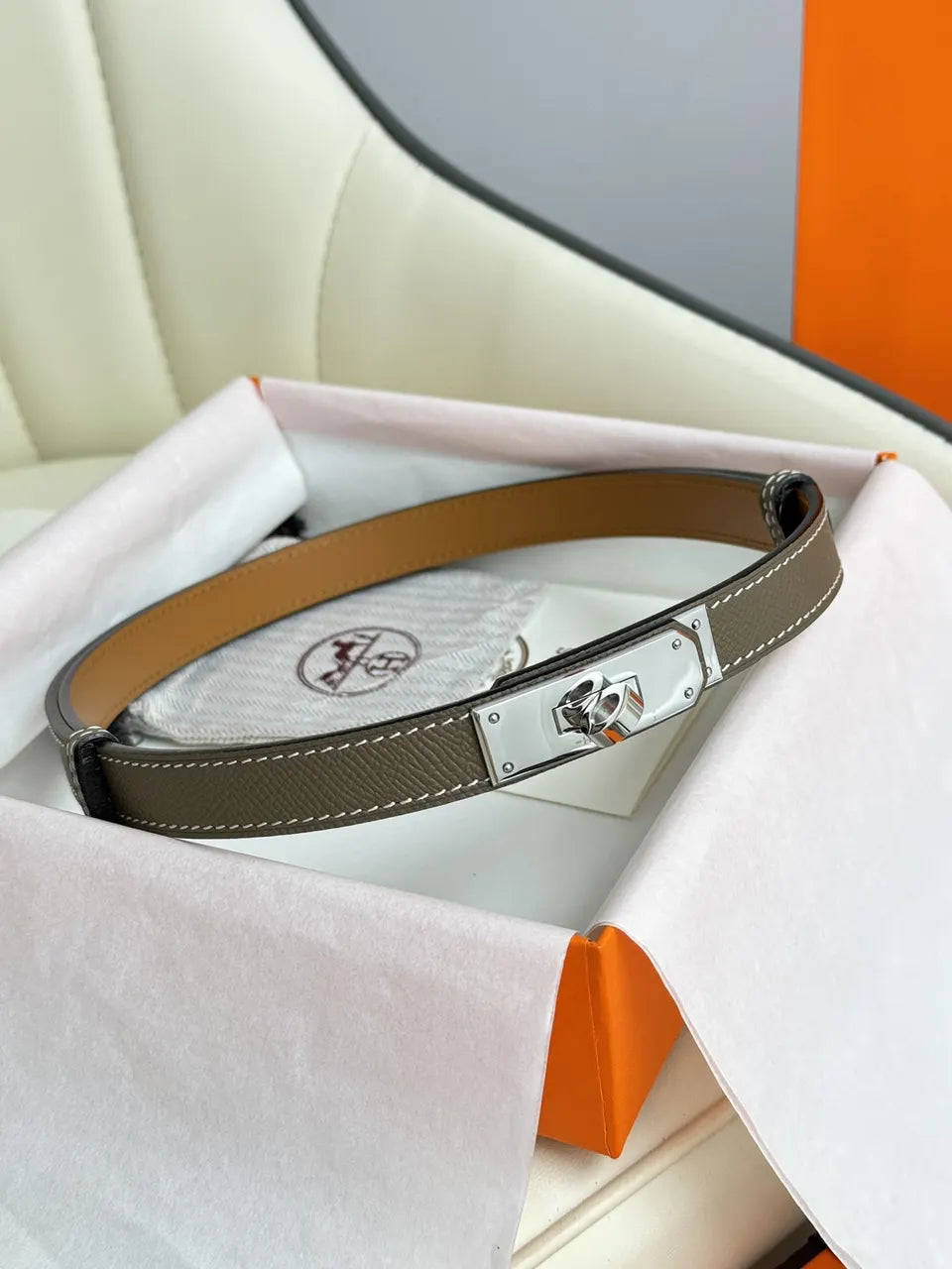 silver Hermes Taupe Leather Bracelet