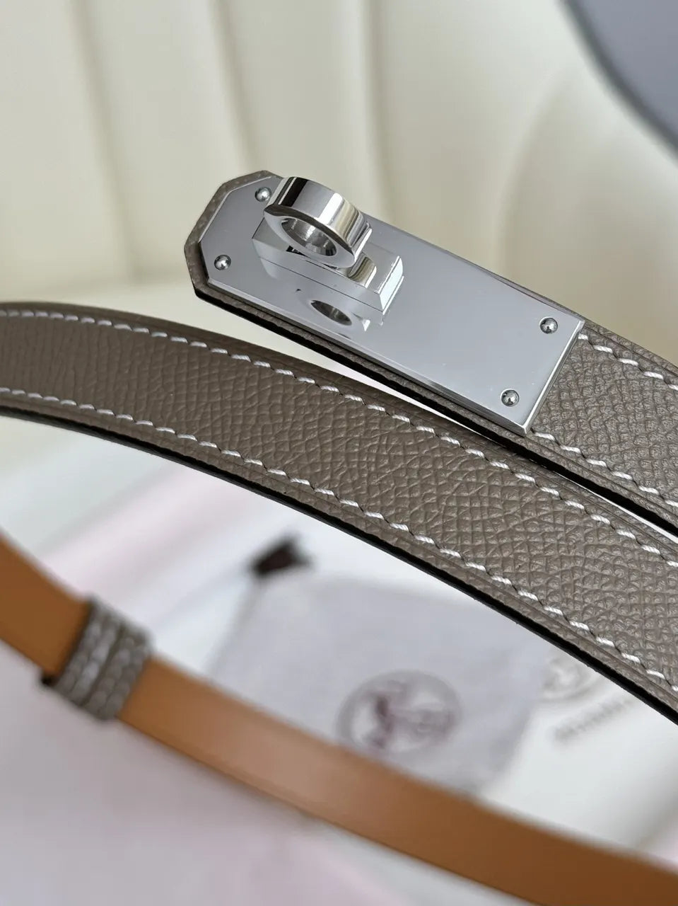 silver Hermes Taupe Leather Bracelet - Hình 6