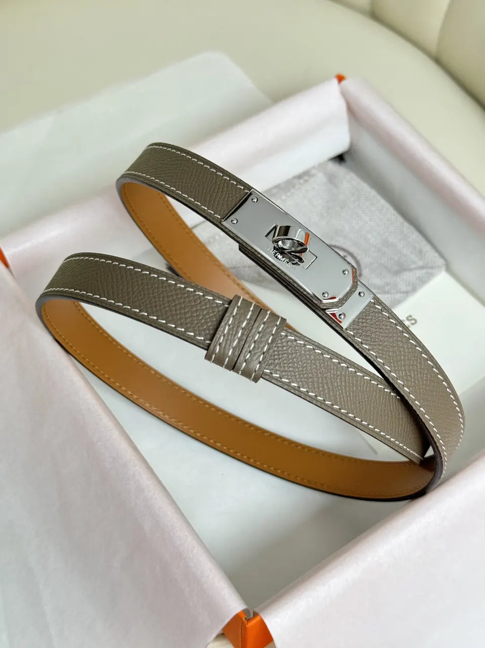 silver Hermes Taupe Leather Bracelet - Hình 4