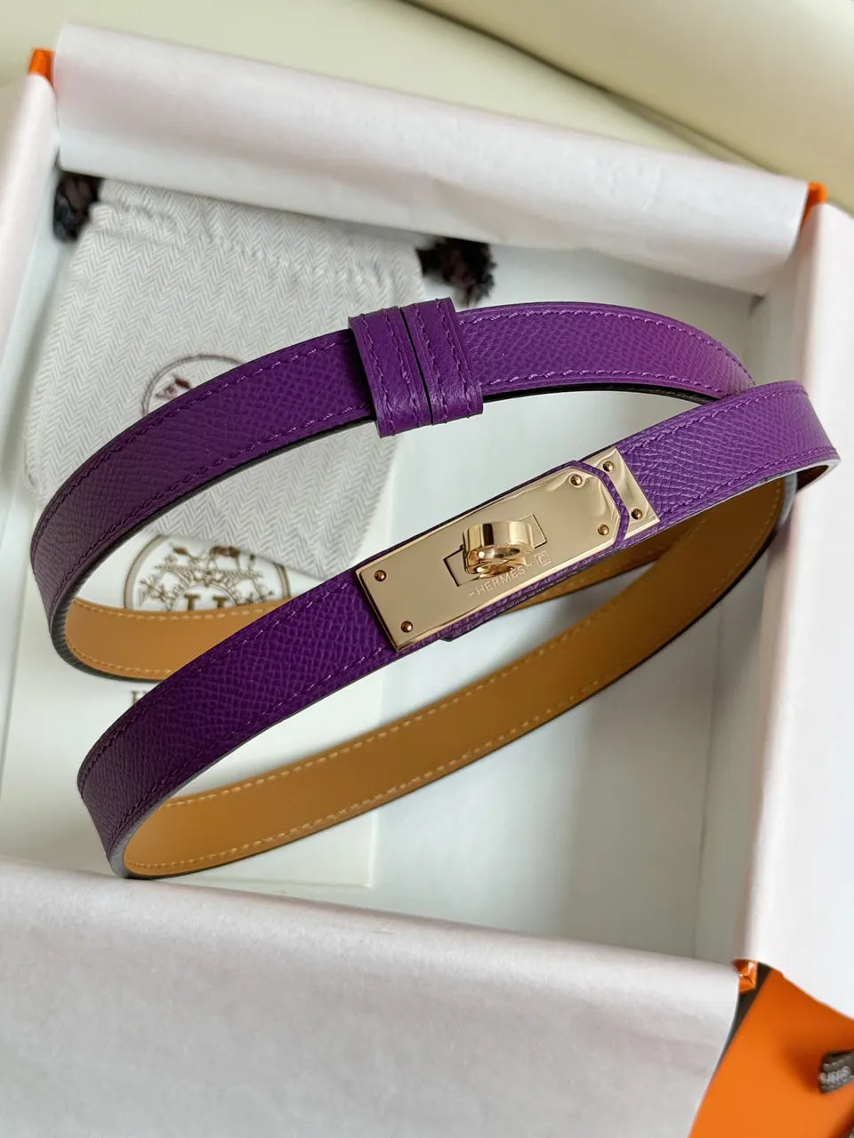 gold Hermes Purple Leather Belt - Hình 3