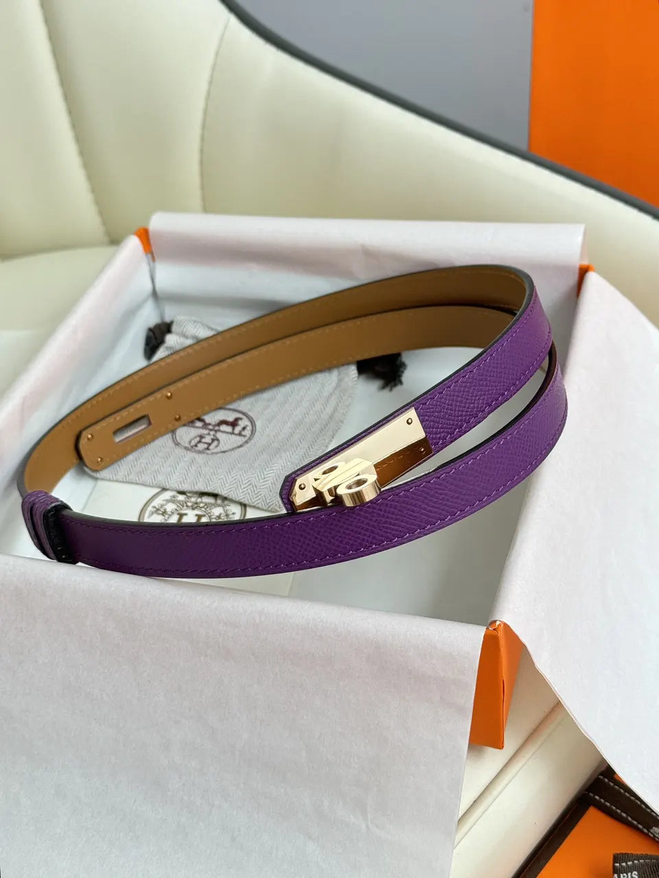 gold Hermes Purple Leather Belt - Hình 2