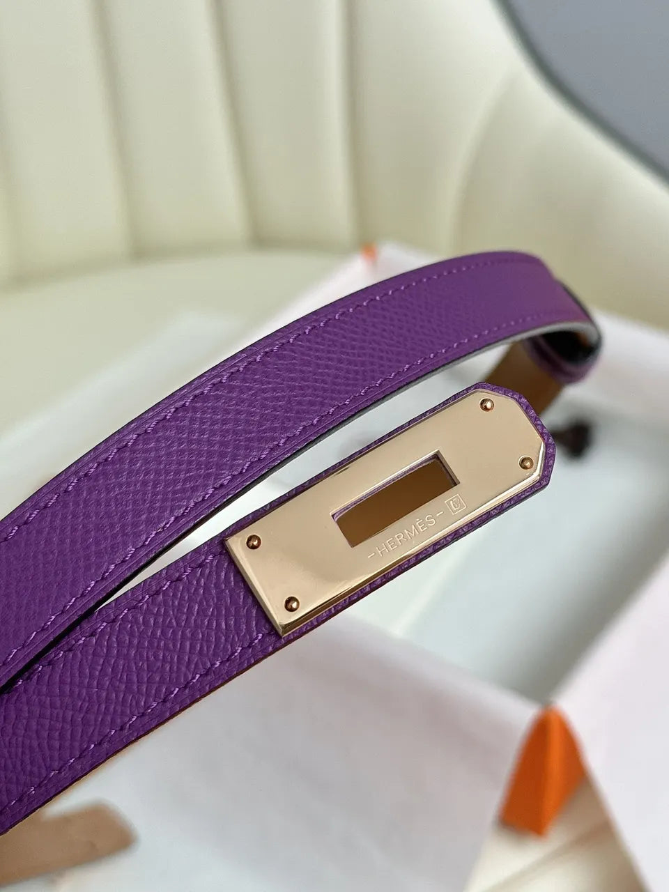 gold Hermes Purple Leather Belt - Hình 7