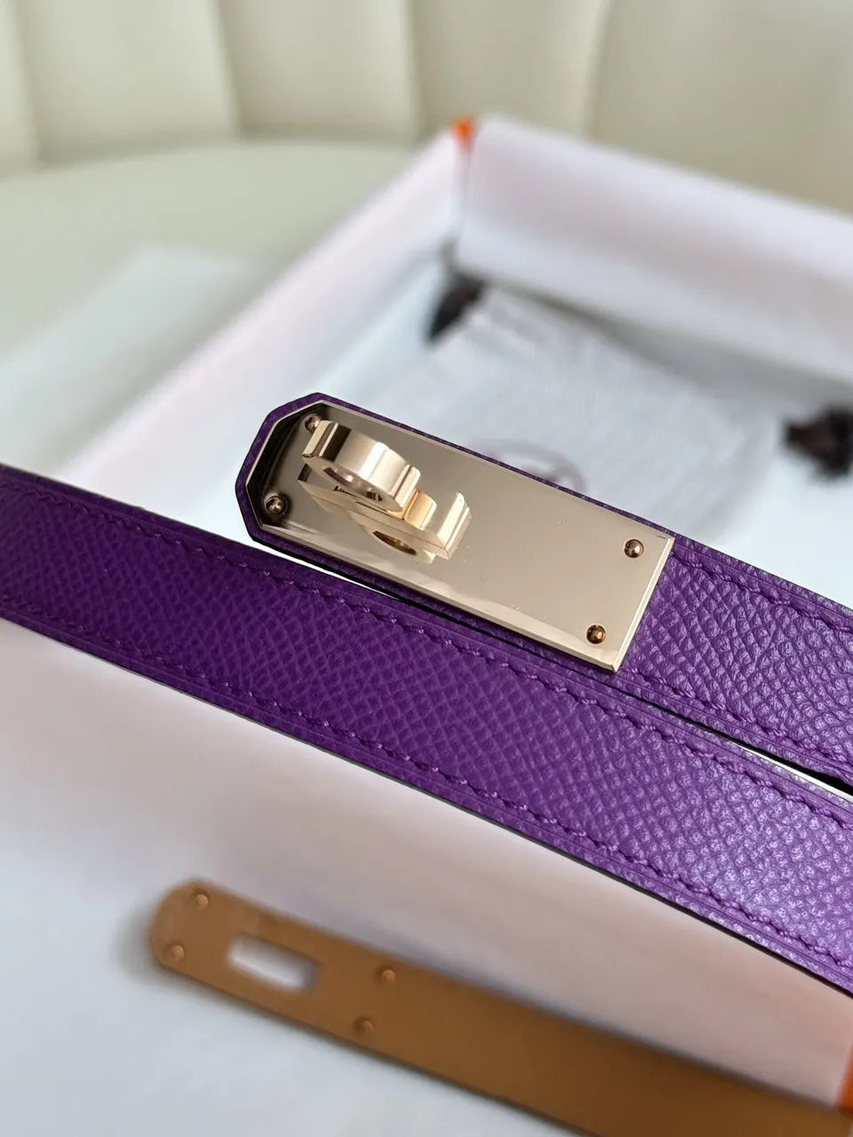 gold Hermes Purple Leather Belt - Hình 6