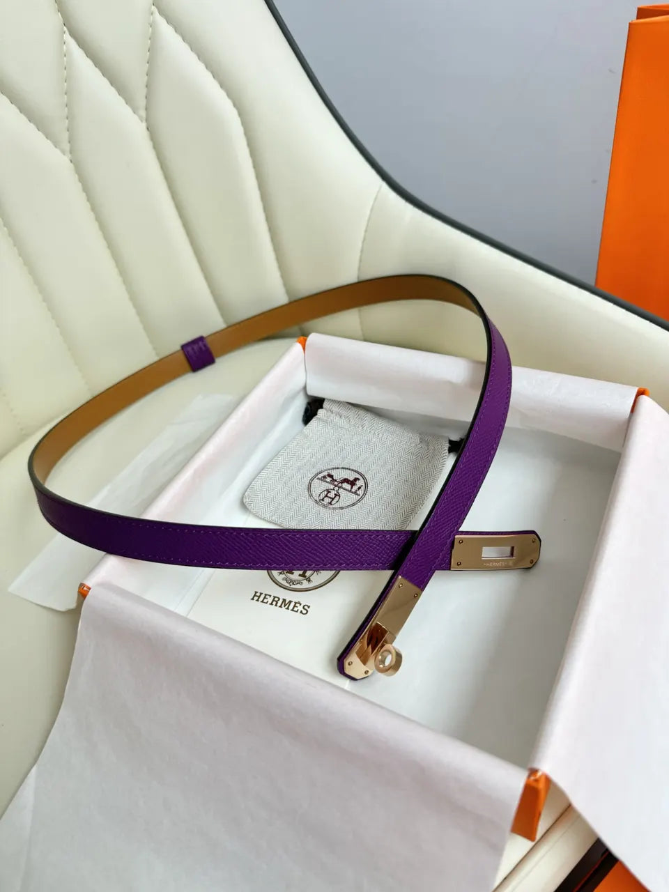 gold Hermes Purple Leather Belt - Hình 4