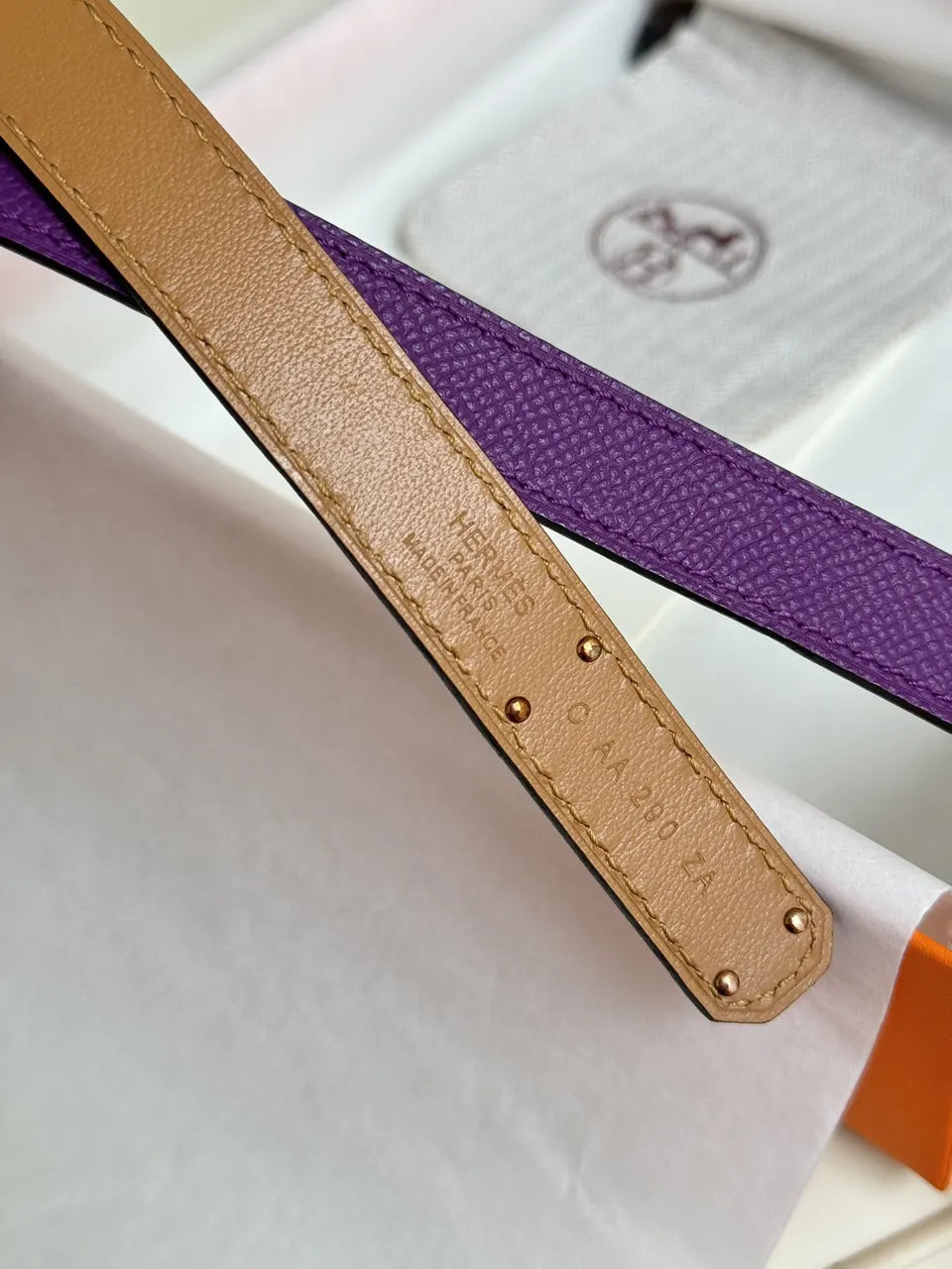 gold Hermes Purple Leather Belt - Hình 5