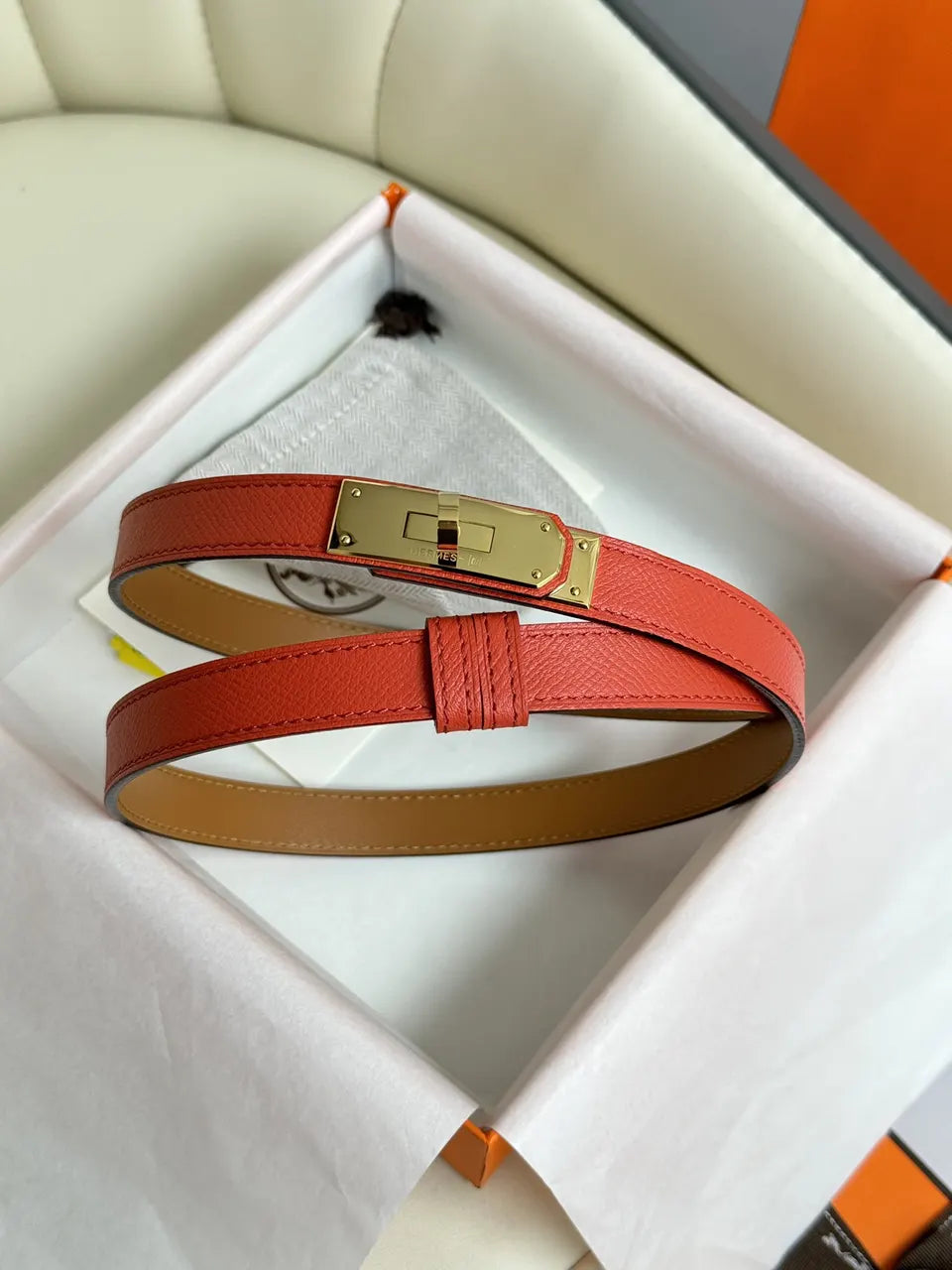 Hermes Rouge Casaque Leather Belt gold - Hình 2