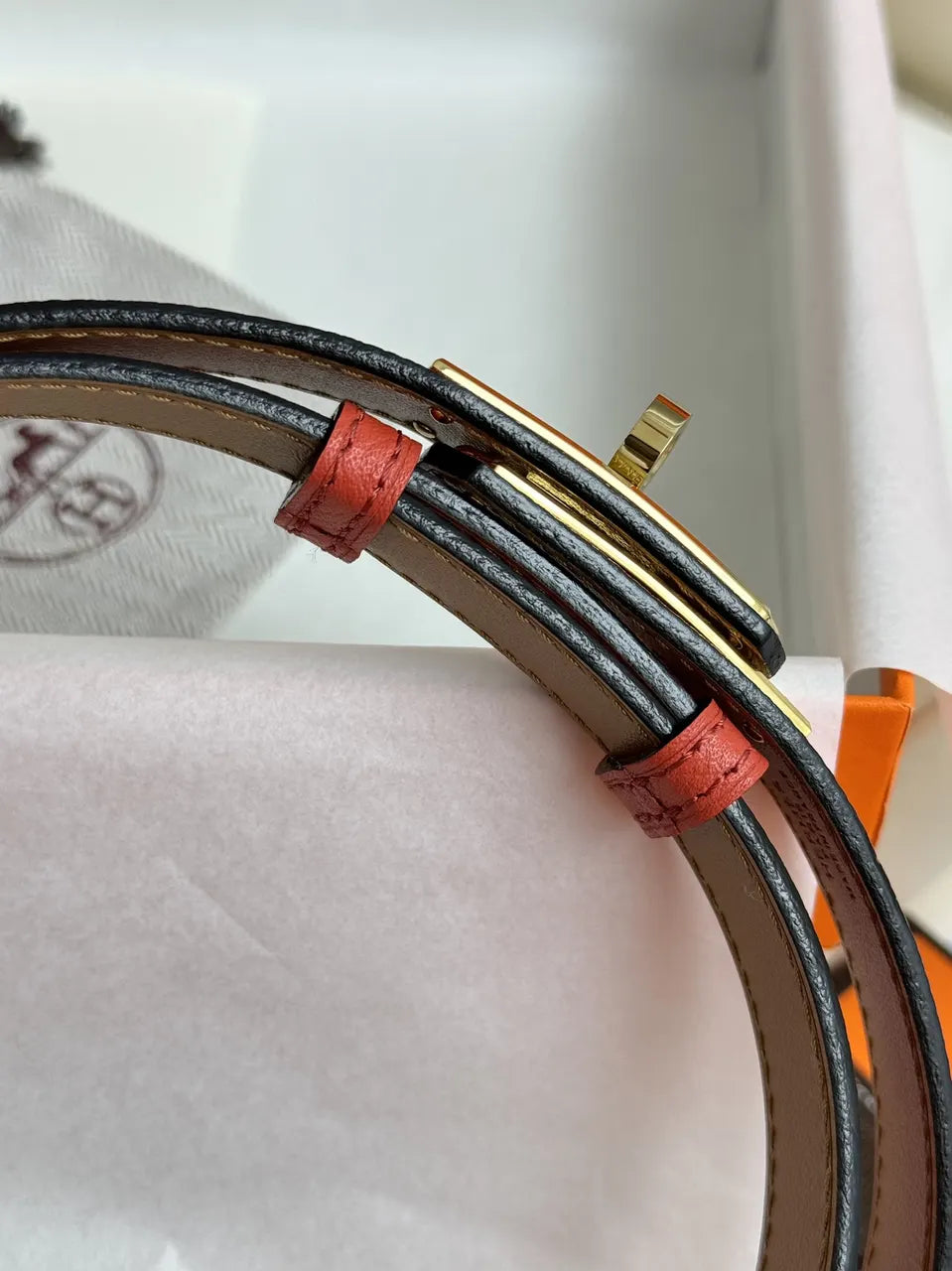 Hermes Rouge Casaque Leather Belt gold - Hình 4